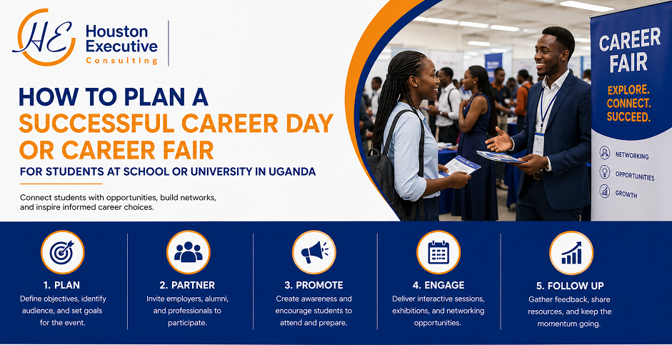 Planning a successful career event in Uganda requires aligning with the local job market, engaging the right professionals, and preparing students for the transition from school to work. Start by setting clear objectives and selecting a theme, such as "Unlocking Uganda's Emerging Sectors," to build excitement and focus for your students.